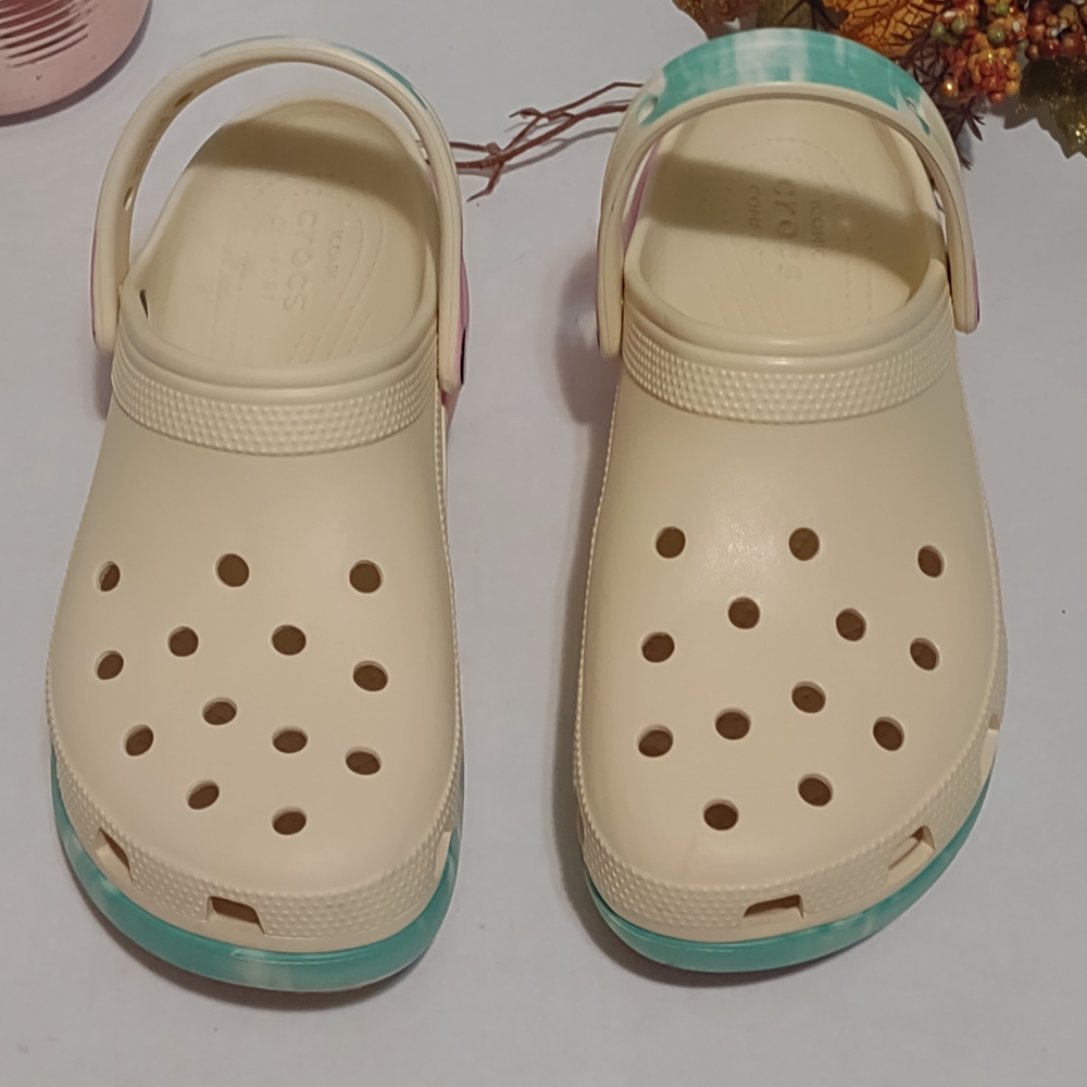 CROCS Women Cream Sandals with Pink and Teal Accents - Picture 3 of 3